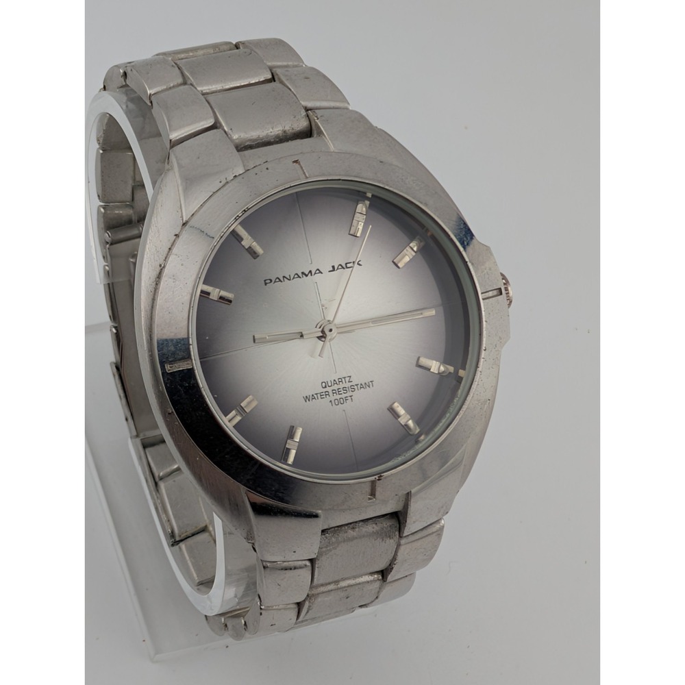 Panama Jack Watch Men 40mm‎ Case Silver 7.5" Band- New Battery